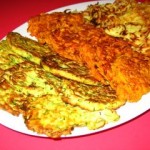 Ruth\'s trio of zuchini, sweet and white potato latkes. Photo by Ruth, Once Upon a Feast.