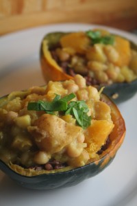 curried squash stew in acorn squash bowls