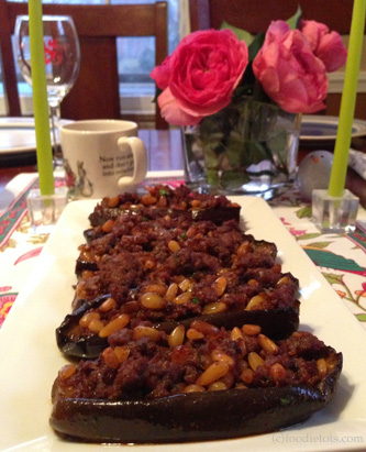 eggplant stuffed with lamb and pine nuts