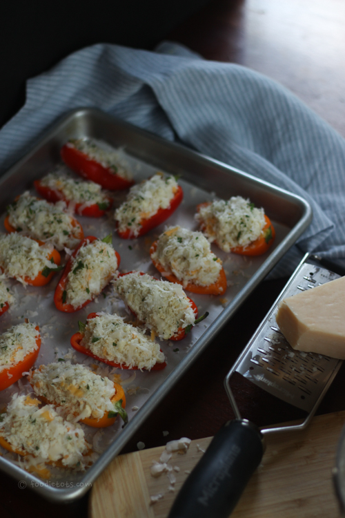 asiago cheese topped stuffed peppers | foodietots.com